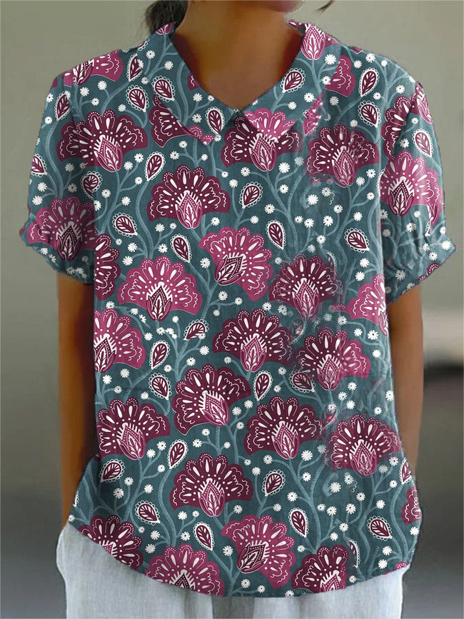 Women’s Flower Art Print Casual Cotton And Linen Shirt Multicolor / S