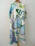 Women’s Vintage Blue Butterfly Print Pocket Cotton Dress