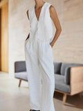 Women’s Solid Color Loose Elegant Casual Cotton And Linen Sleeveless Suit White / S