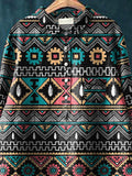 Tribal Geometric Pattern Printed Women’s Casual Cotton And Linen Shirt