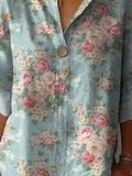 Retro Style Ditsy Rose Pattern Printed Women’s Casual Cotton Linen Shirt