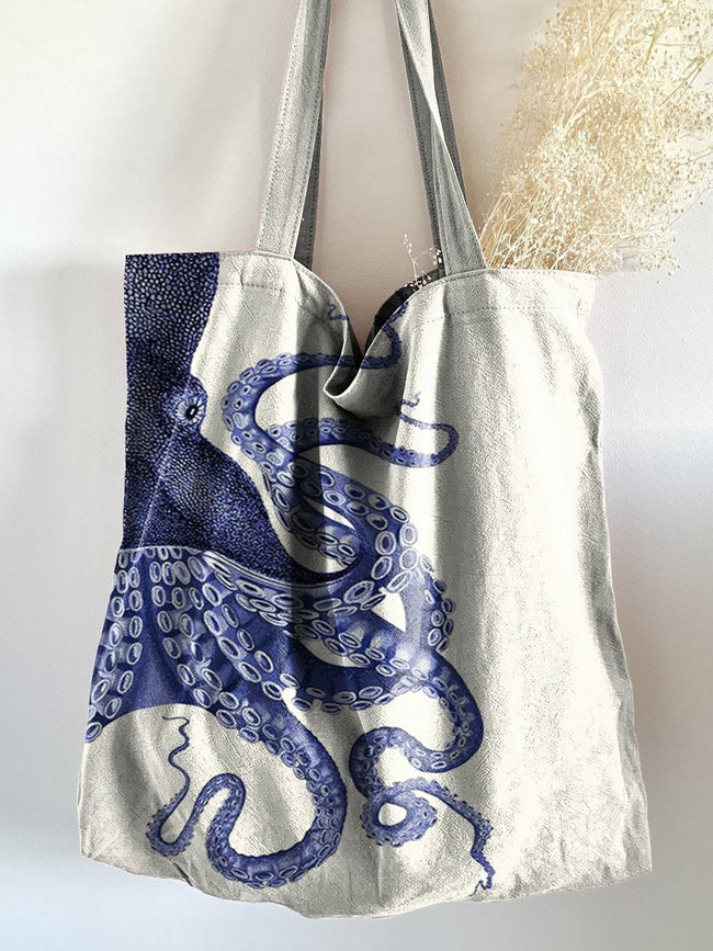 Vintage Deep Sea Octopus Tentacles Art Print Linen Tote Bag Multicolor / 43Cmx40Cm