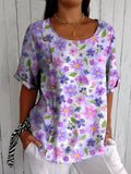 Watercolor Spring Floral Pattern Printed Women’s Casual Cotton Shirt Lilac / S