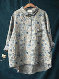 Vintage Blue Rose Repeat Pattern Printed Women’s Casual Cotton And Linen Shirt Multicolor / S