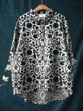 Vintage Style Symmetrical Floral Pattern Printed Women’s Casual Cotton And Linen Shirt Blackwhite