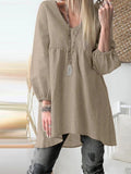 Women’s Solid Color V-Neck Pleated Lantern Sleeve Casual Blouse Khaki / S