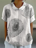 Tree Ring Repeat Pattern Printed Women’s Casual Cotton And Linen Shirt Whiteblack / S