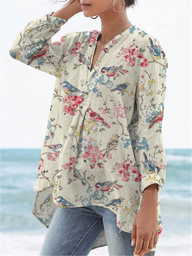 Women’s Flower Print Casual Linen V-Neck Shirt Multicolor / S