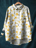 Lovely Daffodil Floral Pattern Printed Women's Casual Cotton And Linen Shirt