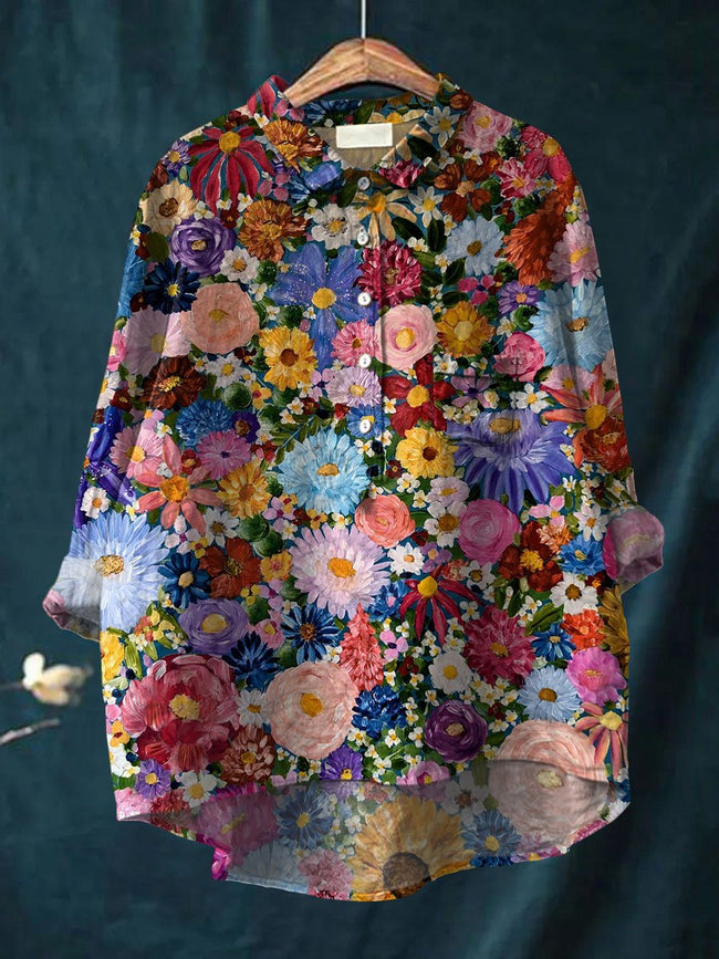 Women’s Flower Painting Art Print Casual Cotton And Linen Shirt Multicolor / S