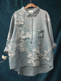 Women’s Flower Art Print Casual Cotton And Linen Shirt Multicolor / S