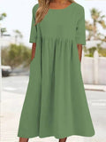 Cotton And Linen Casual Short Sleeve Pocket Pleated Loose Round Neck Dress Light Green / S