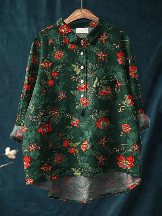 Women’s Floral Art Print Casual Cotton And Linen Shirt Multicolor / S