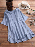 Women’s Plaid Cotton And Linen Button Down Long Tunic Shirt Lightblue(Shortsleeve) / M