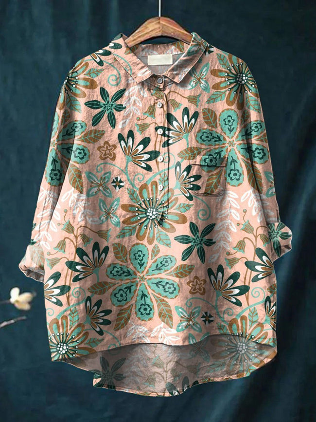 Women’s Vintage Flower Print Casual Cotton And Linen Shirt Multicolor / S