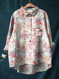 Women’s European Retro Texture Print Casual Cotton And Linen Shirt Multicolor / S