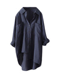 Women’s Solid Color Loose Elegant Casual Cotton And Linen Shirt Navy / S