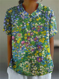 Women’s Vintage Lovely Floral Art Print Casual Cotton And Linen Shirt Multicolor / S