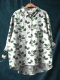 Simple Green Leaf Decorative Pattern Casual Cotton And Linen Shirt Multicolor / S