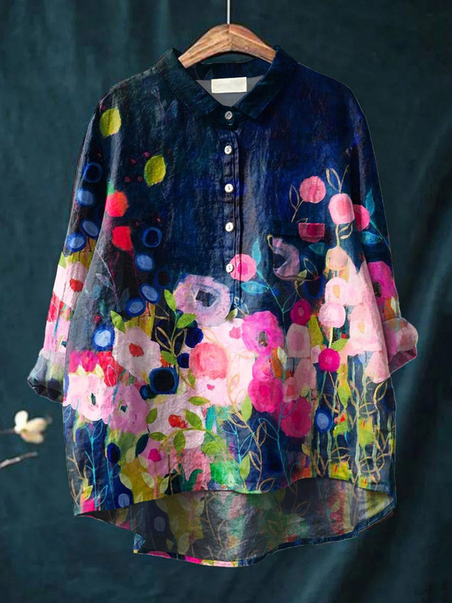 Women’s Floral Art Print Casual Cotton And Linen Shirt Multicolor / S