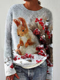 Cute Winter Squirrel Print Casual Knit Pullover Sweater