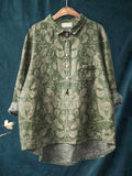 Symmetrical Botanical Floral Pattern Printed Women’s Casual Cotton And Linen Shirt Green / S