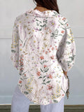 Women’s Colorful Elegant Wildflower Print Casual Linen V-Neck Shirt