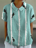 Women’s Retro Bird Branch Pattern Printed Casual Cotton And Linen Shirt Multicolor / S