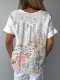 Women’s Colorful Floral Positioning Print Casual Cotton And Linen Shirt