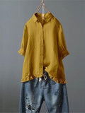 Women’s Cotton And Linen Casual Single-Row Button Ruffle Shirt Yellow / S