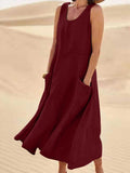 Women Sleeveless Sundress Elegant Round Neck Cotton Linen Solid Long Tank Casual Summer Dress Red /