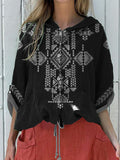 Ethnic Style Summer Geometric Pattern Printed Women’s Hooded Drawstring Linen Casual Blouse