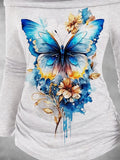 Women's Butterflies And Flowers Fall Art Print Off Shoulder Foldover Cinched Top