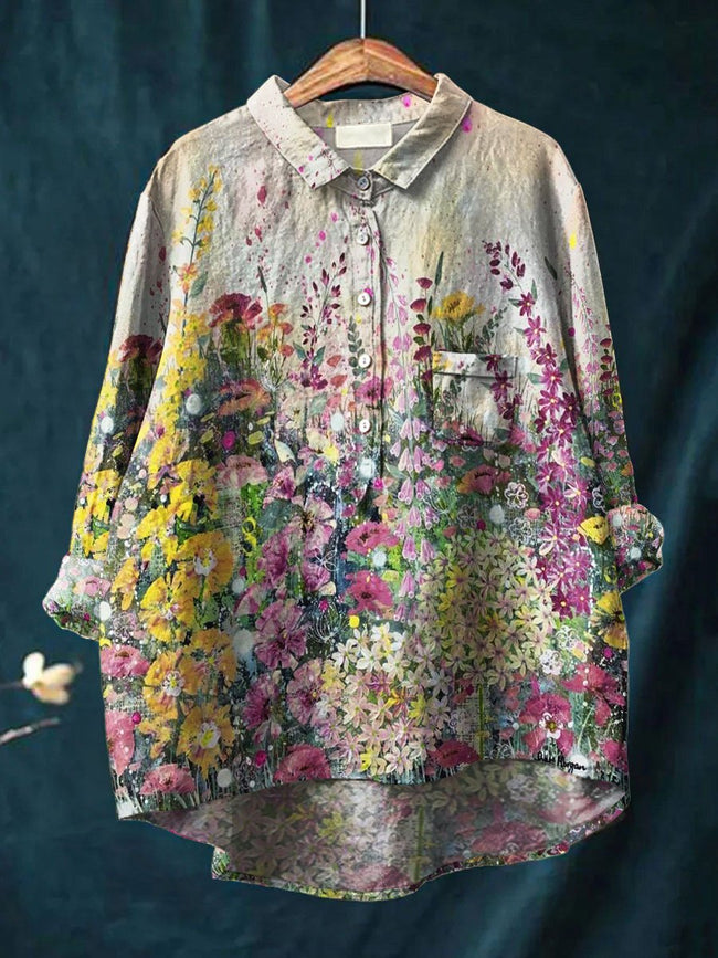 Women’s Vintage Flower Art Print Casual Cotton And Linen Shirt Multicolor / S