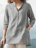 Women’s Solid Color Loose Elegant Casual Cotton And Linen Shirt Grey / S