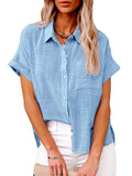 Women’s Solid Color Button Down Short Sleeve Shirt Azure Blue / S