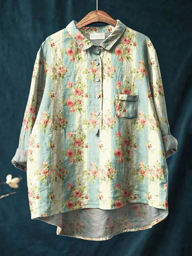 Women’s Floral Art Print Casual Cotton And Linen Shirt Multicolor / S