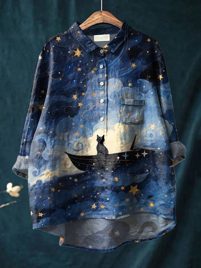 Women’s Beautiful Night Sky Little Black Cat Print Casual Cotton And Linen Shirt Multicolor / S