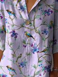 Watercolor Summer Bird And Floral Pattern Printed Women’s Casual Cotton Linen Shirt