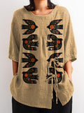 Women’s Retro Bird Print Casual Cotton And Linen Shirt Multicolor / S