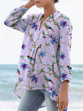 Watercolor Summer Bird And Floral Pattern Printed Women’s Casual Linen V-Neck Shirt Multicolor / S