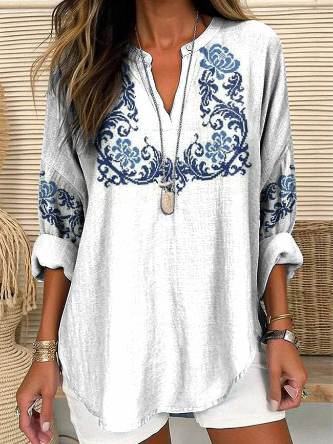 Women’s Blue Bohemian Floral Print Casual Linen V-Neck Shirt Multicolor / S