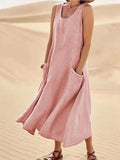 Women Sleeveless Sundress Elegant Round Neck Cotton Linen Solid Long Tank Casual Summer Dress Pink