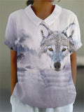 Women’s Wolf Print Casual Cotton And Linen Shirt Muilticolor / S