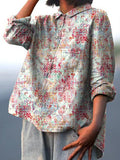 Women’s European Retro Texture Print Casual Cotton And Linen Shirt