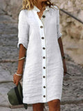 Women’s Spring Summer Mid-Sleeve Button Down Cotton And Linen Dress White / S