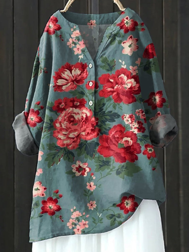 Women’s Floral Art Print Casual Cotton And Linen Shirt Multicolor / S