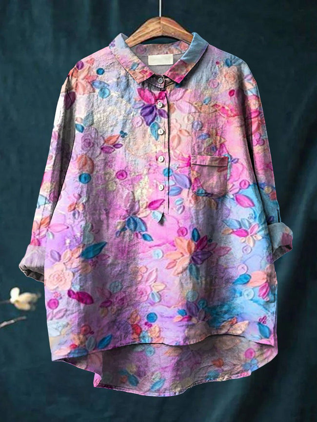 Women’s Flower Painting Art Print Casual Cotton And Linen Shirt Multicolor / S