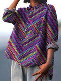 Colorful Knit Stitch Pattern Printed Women’s Casual Cotton And Linen Shirt