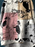 Vintage Funny Cats Art Print Casual Cotton And Linen Shirt